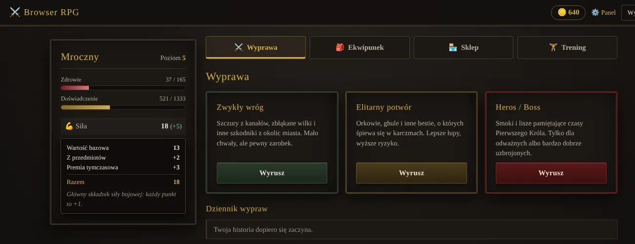 Ekran wyprawy w grze: karta postaci z rozpiską siły na wartość bazową, premię z przedmiotów i premię tymczasową oraz wybór przeciwnika.